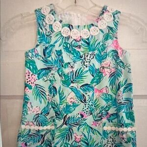 Girls' Tropical Leaf Print Tank Dress with Lace Trim - Aqua & Pink